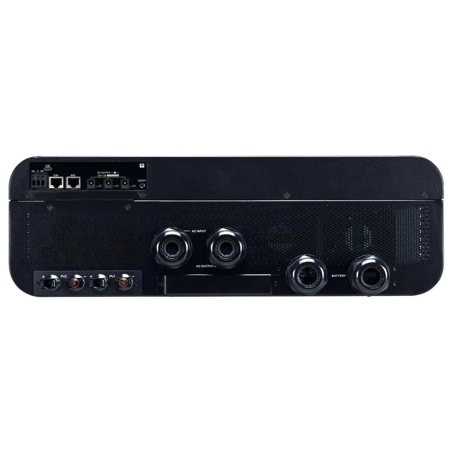 Back panel of black off-grid inverter charger showing AC input and output terminals, battery connectors, network ports, and c