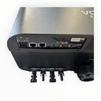 Rear panel of Max-II inverter showing USB, COM, and BMS ports, DC output terminals rated 12V-3A, and four MC4 solar connector