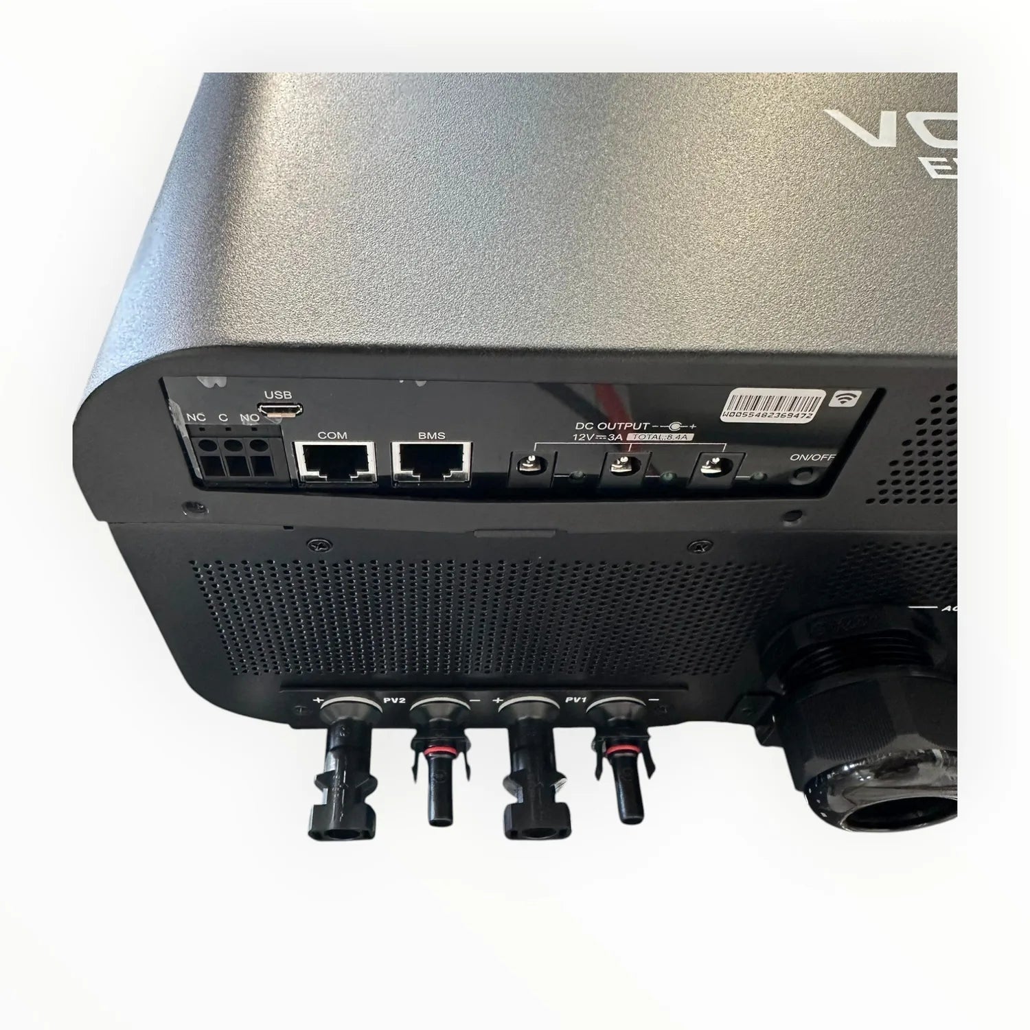 Rear panel of Max-II inverter showing USB, COM, and BMS ports, DC output terminals rated 12V-3A, and four MC4 solar connector