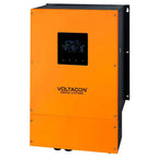 Voltacon Energy Systems orange and black inverter charger with digital display panel and control buttons mounted on wall.