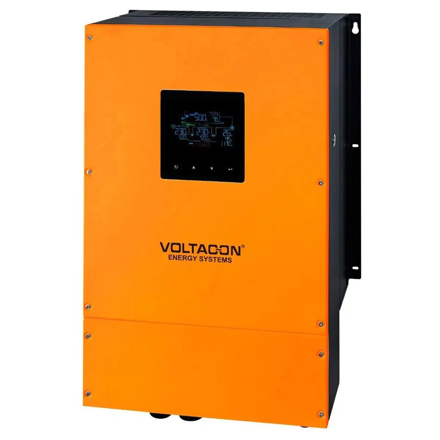 Voltacon Energy Systems orange and black inverter charger with digital display panel and control buttons mounted on wall.