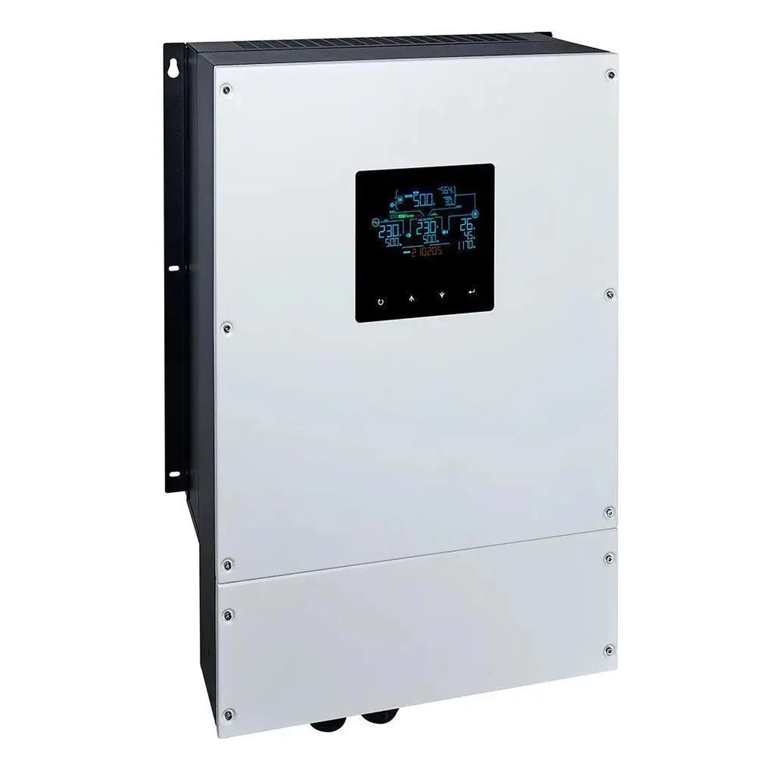 White wall-mounted inverter charger with black digital display showing circuit diagram and control buttons.