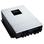 White and black off-grid inverter charger with digital display and multiple connection ports on lower panel, product shot on 