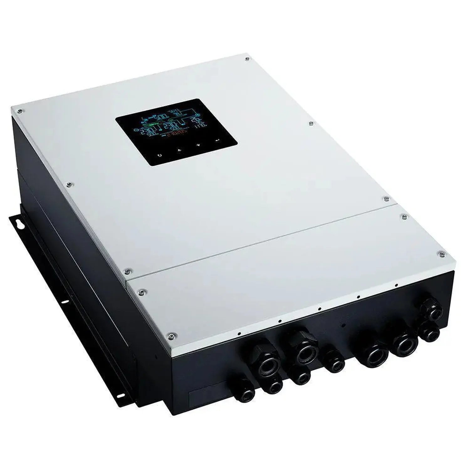White and black off-grid inverter charger with digital display and multiple connection ports on lower panel, product shot on 