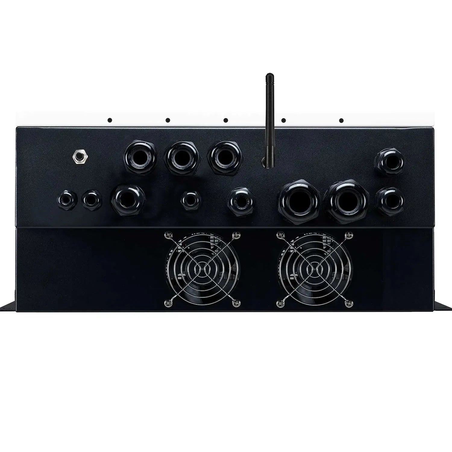 Front view of Conversol MAX-II inverter charger showing multiple connection ports and antenna, with dual cooling fans below.