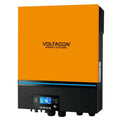Voltagon Energy Systems off-grid solar inverter charger with orange casing, black control panel with blue LCD display and but