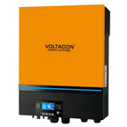 Voltagon Energy Systems off-grid solar inverter charger with orange casing, black control panel with blue LCD display and but