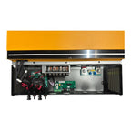 Interior view of 11kW solar inverter charger showing circuit boards, wiring, terminal blocks, and cooling components beneath 