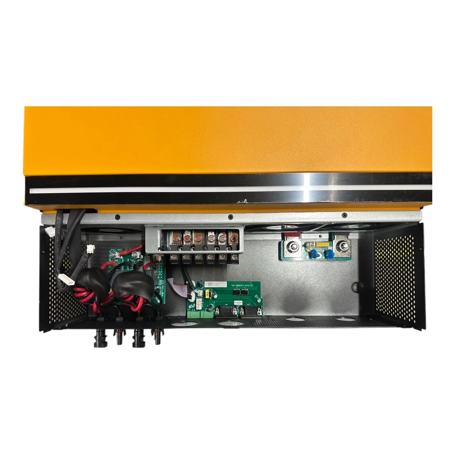 Interior view of 11kW solar inverter charger showing circuit boards, wiring, terminal blocks, and cooling components beneath 