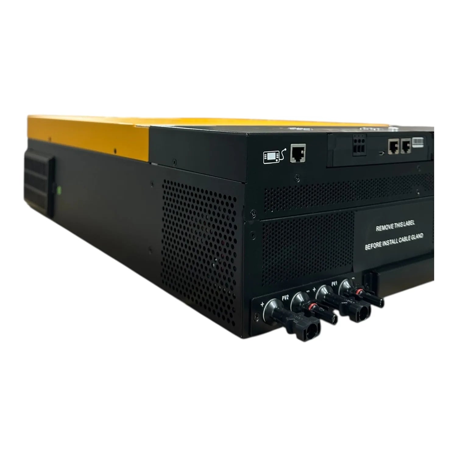 Conversol 11kW off-grid solar inverter charger with yellow top panel, black chassis, ventilation grilles, network ports, and 