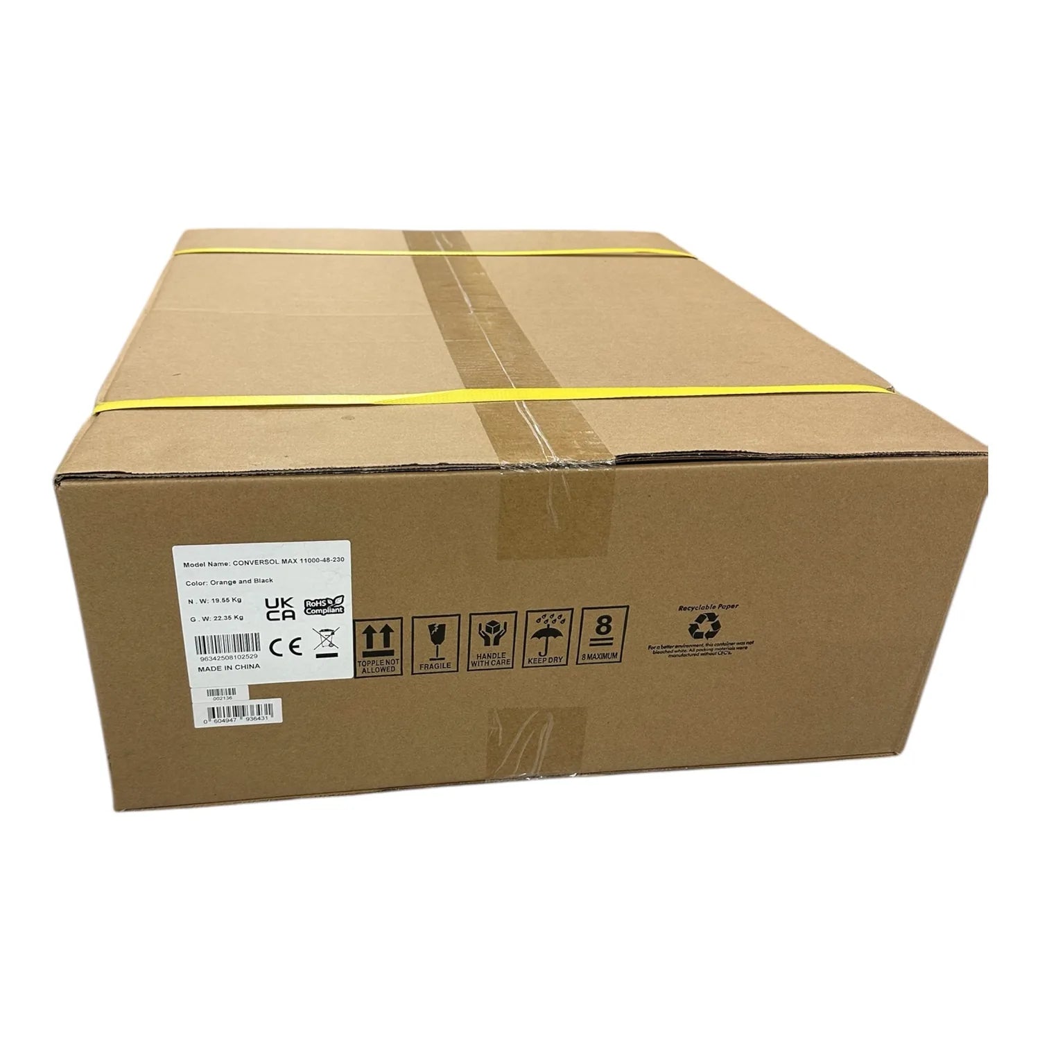 Cardboard shipping box for Conversol Max 11000-48-230 inverter, sealed with yellow tape, showing product label, weight specif
