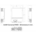 11kW Conversol MAX technical dimension diagram showing front, side and rear views with measurements in millimeters and contro