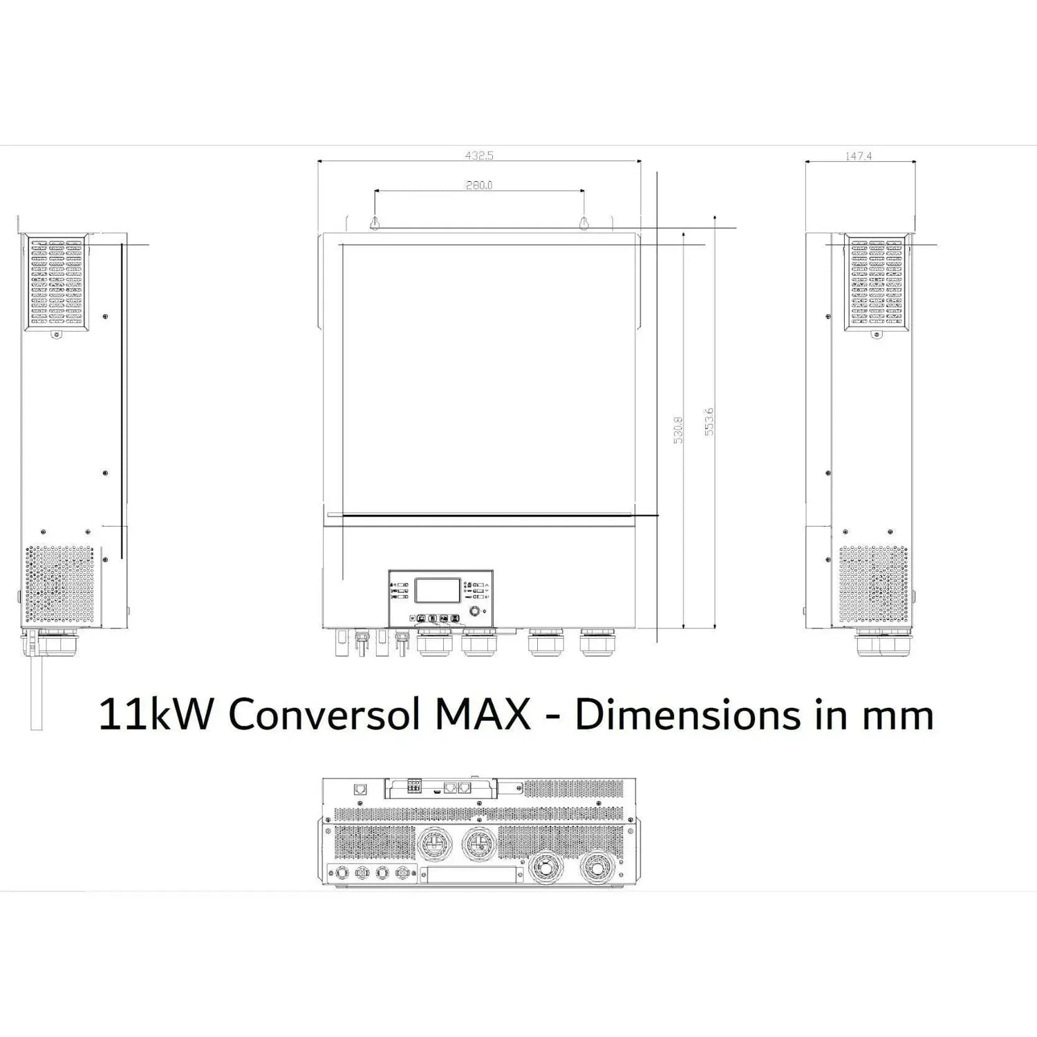 11kW Conversol MAX technical dimension diagram showing front, side and rear views with measurements in millimeters and contro