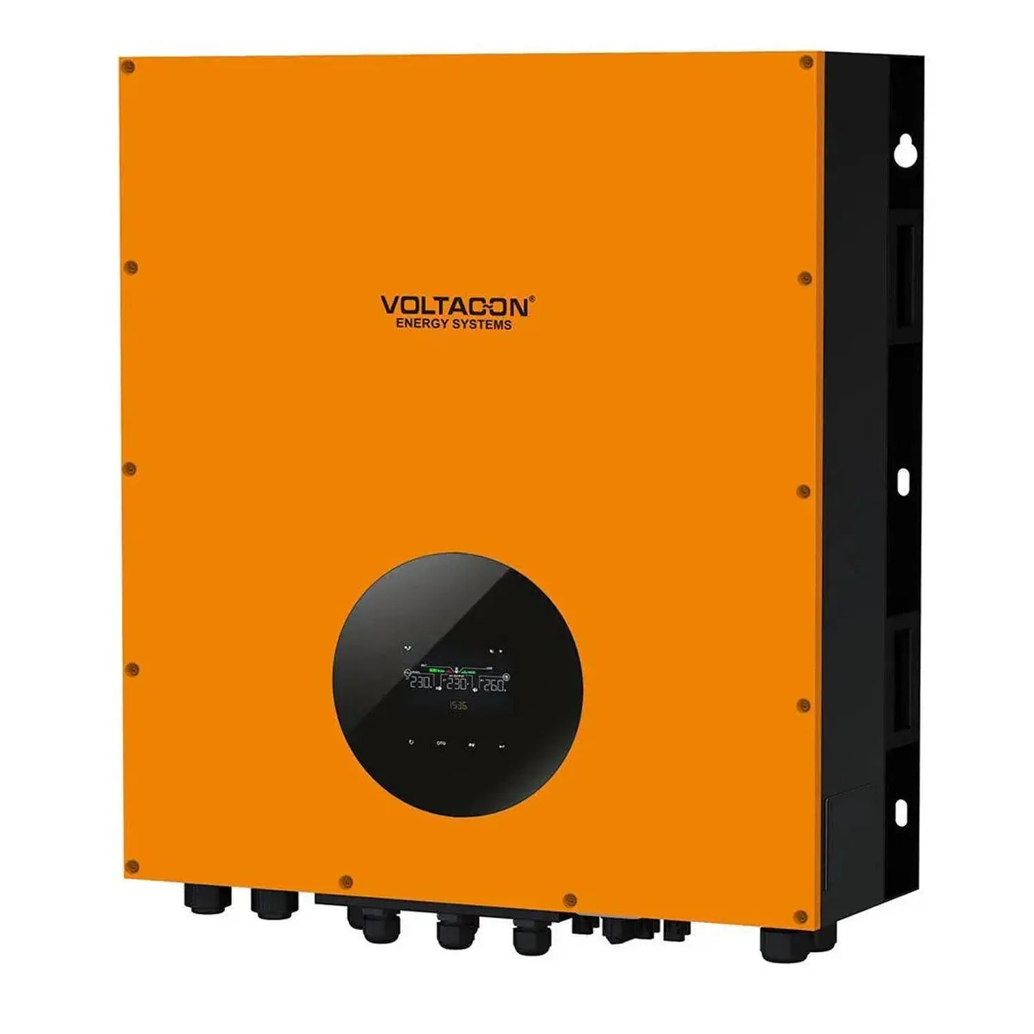 Voltacon Energy Systems orange and black hybrid solar inverter with digital display panel and multiple connection ports at ba