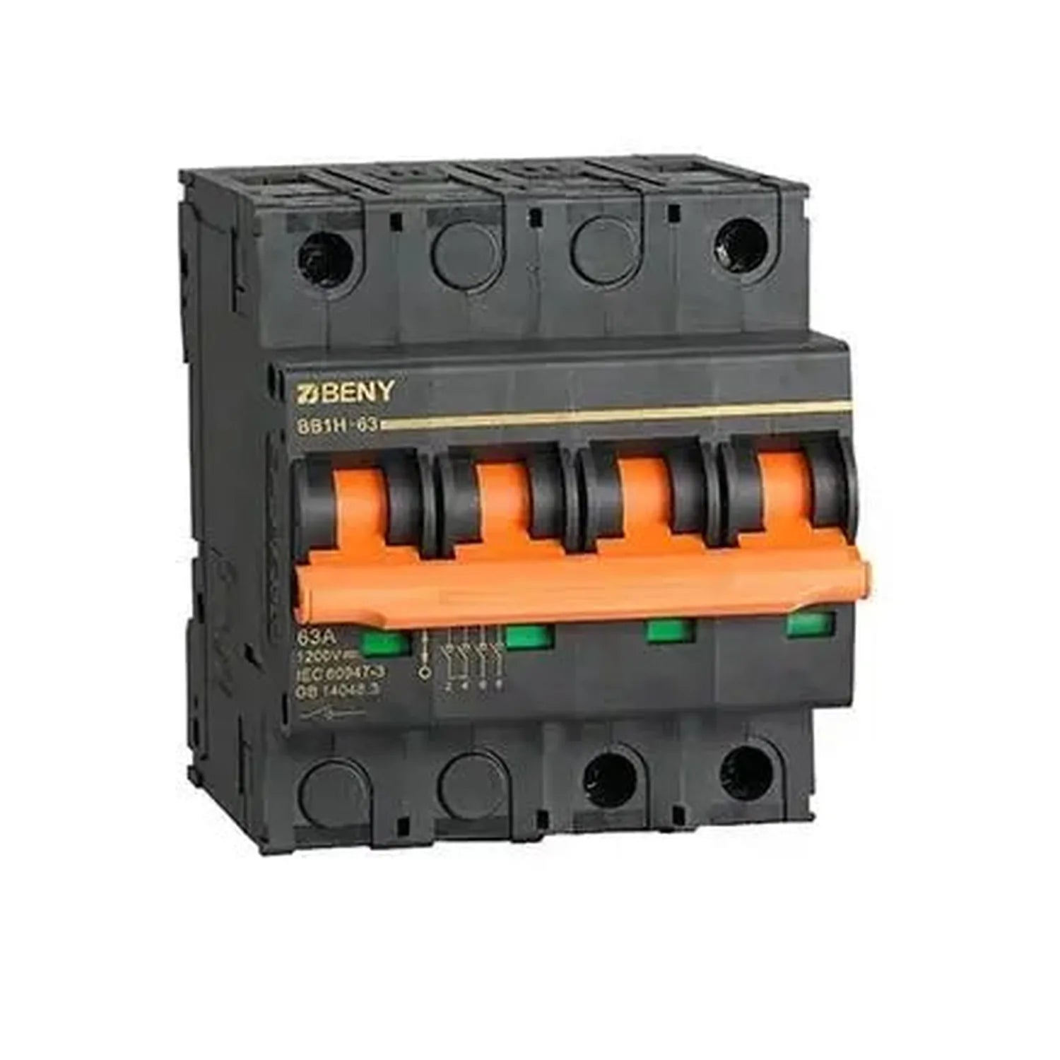 BENY 63A 4-pole DC isolator switch with orange handles and green status indicators mounted on DIN rail.