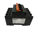 Beny BB1H-63 four-pole DC isolator with orange handle, mounted on din rail, front view showing specifications label.
