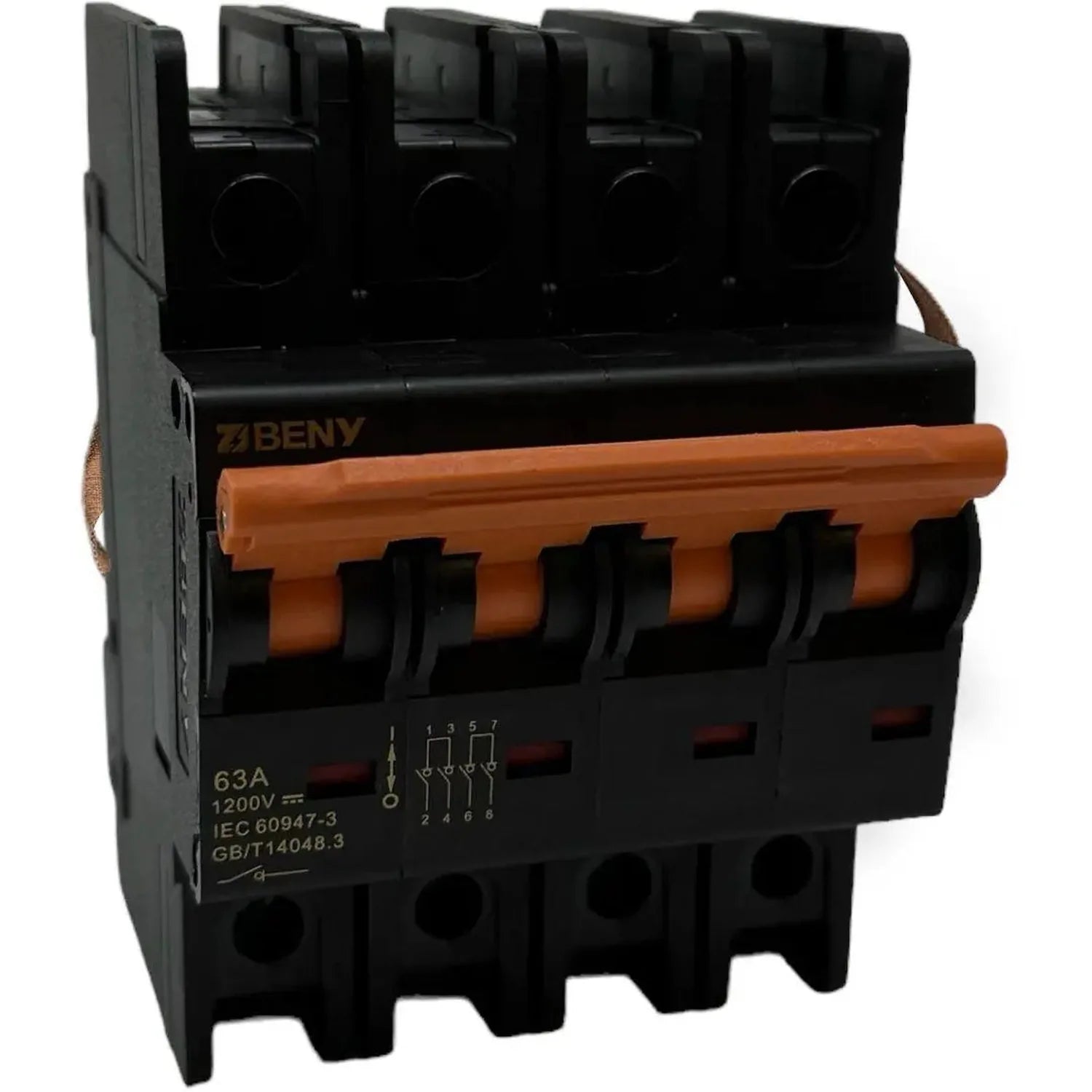 BENY 63A 4-pole DC isolator switch, 1200V rated, mounted on DIN rail with orange operating handle and black housing.