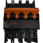 63A 4-pole DC isolator switch with orange and black housing, mounted on DIN rail, showing terminal connections and specificat