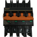 BENY BB1H-63 four-pole DC isolator switch with orange operating handles and terminal connections, front view product photo.