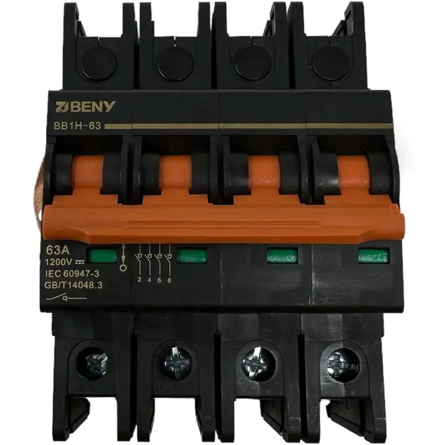 BENY BB1H-63 four-pole DC isolator switch with orange operating handles and terminal connections, front view product photo.