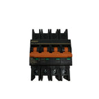 BENY BB1H-63 four-pole circuit breaker with orange toggle switches and green terminal blocks on black DIN rail mount, front v