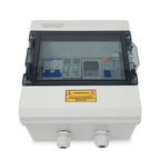Voltacon AC Combiner Box with transparent cover showing internal circuit breakers and surge protection components, yellow dan