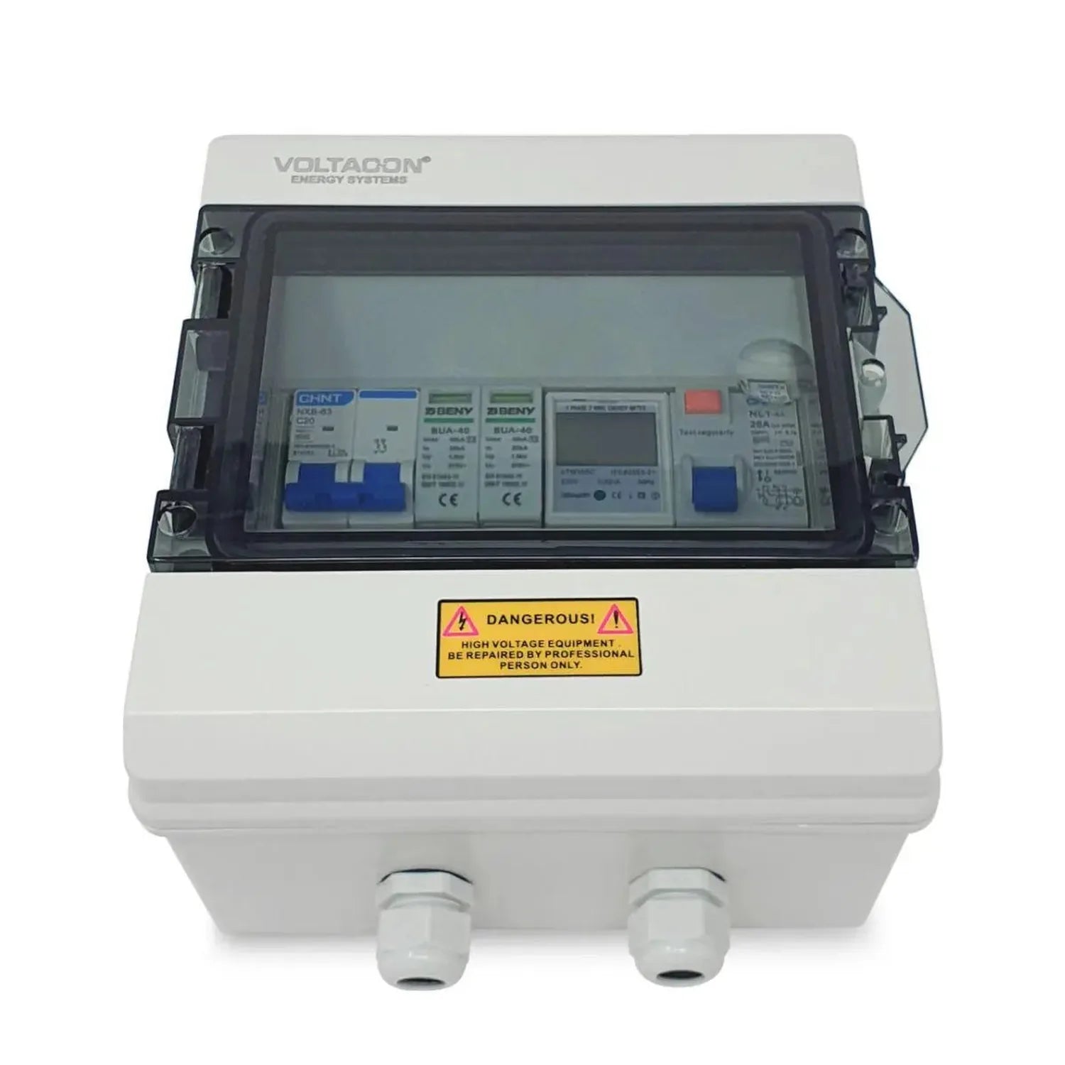Voltacon AC Combiner Box with transparent cover showing internal circuit breakers and surge protection components, yellow dan