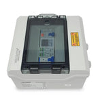Voltacon AC Combiner Box with transparent cover showing internal circuit breakers, surge protection components, and yellow wa