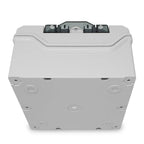 White AC combiner box with black terminal blocks on top and multiple circular mounting points on front and sides.