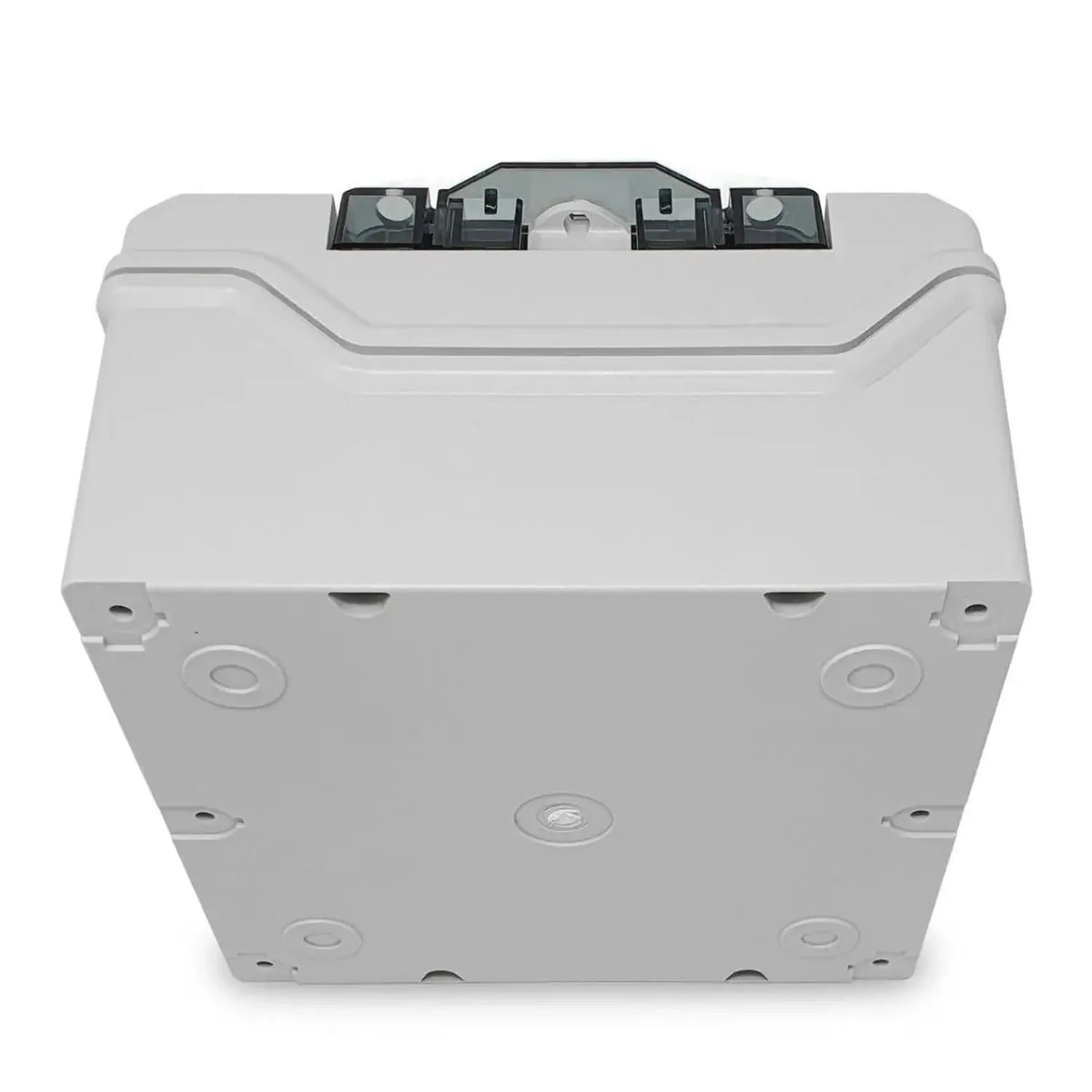 White AC combiner box with black terminal blocks on top and multiple circular mounting points on front and sides.