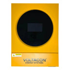 Voltagon Energy Systems yellow inverter unit with circular black display panel and caution label, front view of product.