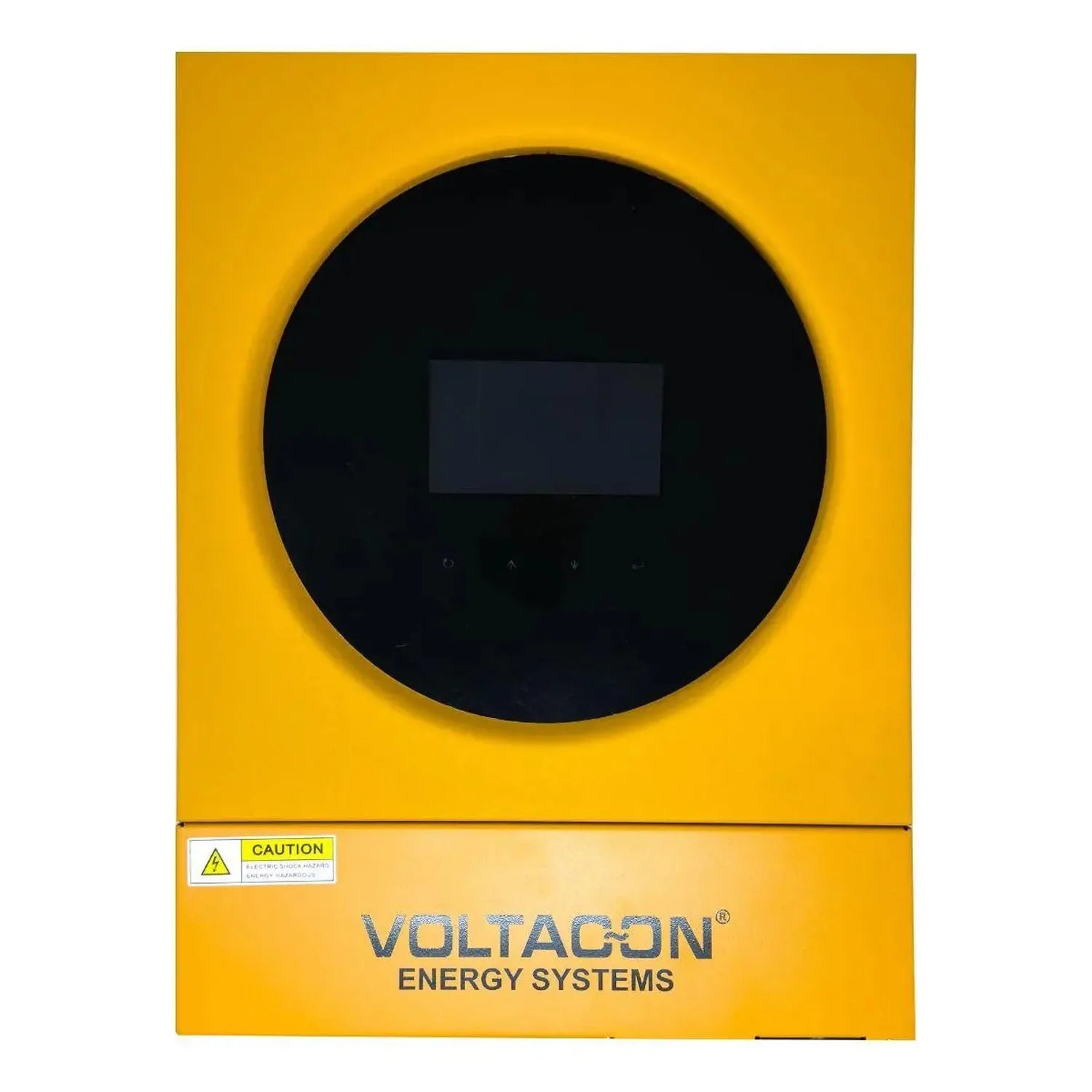 Voltagon Energy Systems yellow inverter unit with circular black display panel and caution label, front view of product.