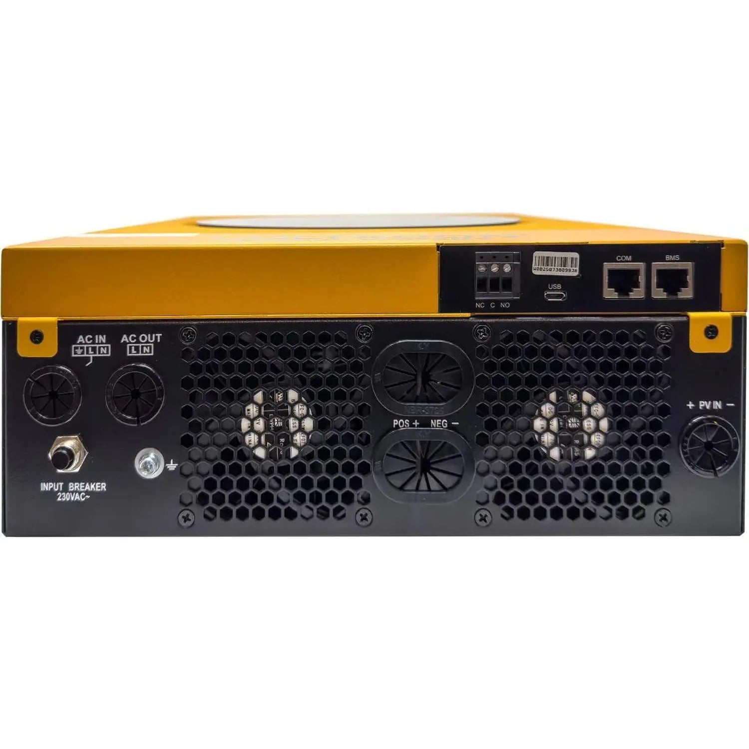 Rear panel of yellow and black off-grid inverter showing AC input/output terminals, cooling fans, PV input connections, and n