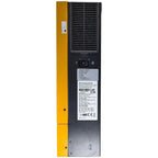 Yellow and black solar inverter with ventilation grille, power button, and specifications label visible on front panel.