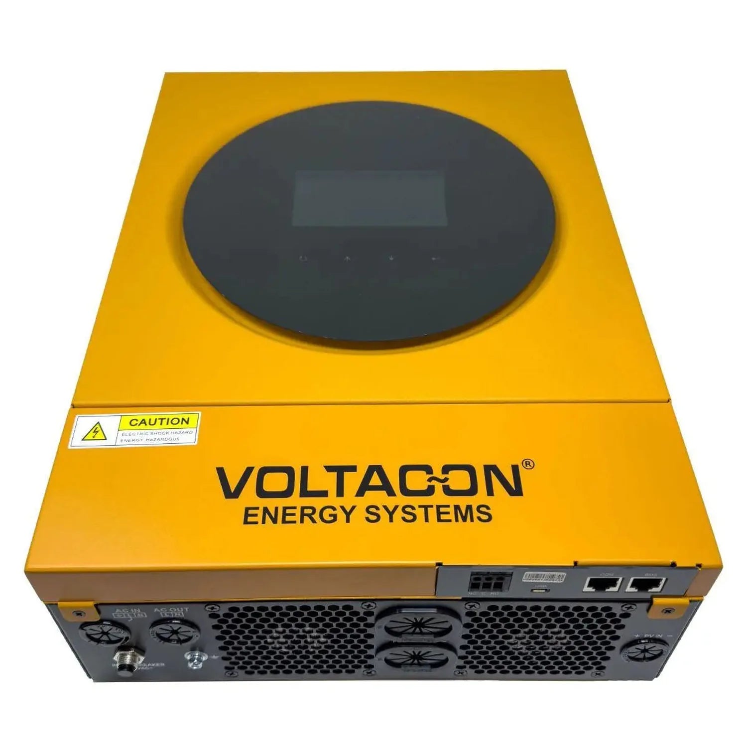 Voltacon Energy Systems yellow inverter unit with dark panel display, front view showing cooling vents and connectors.