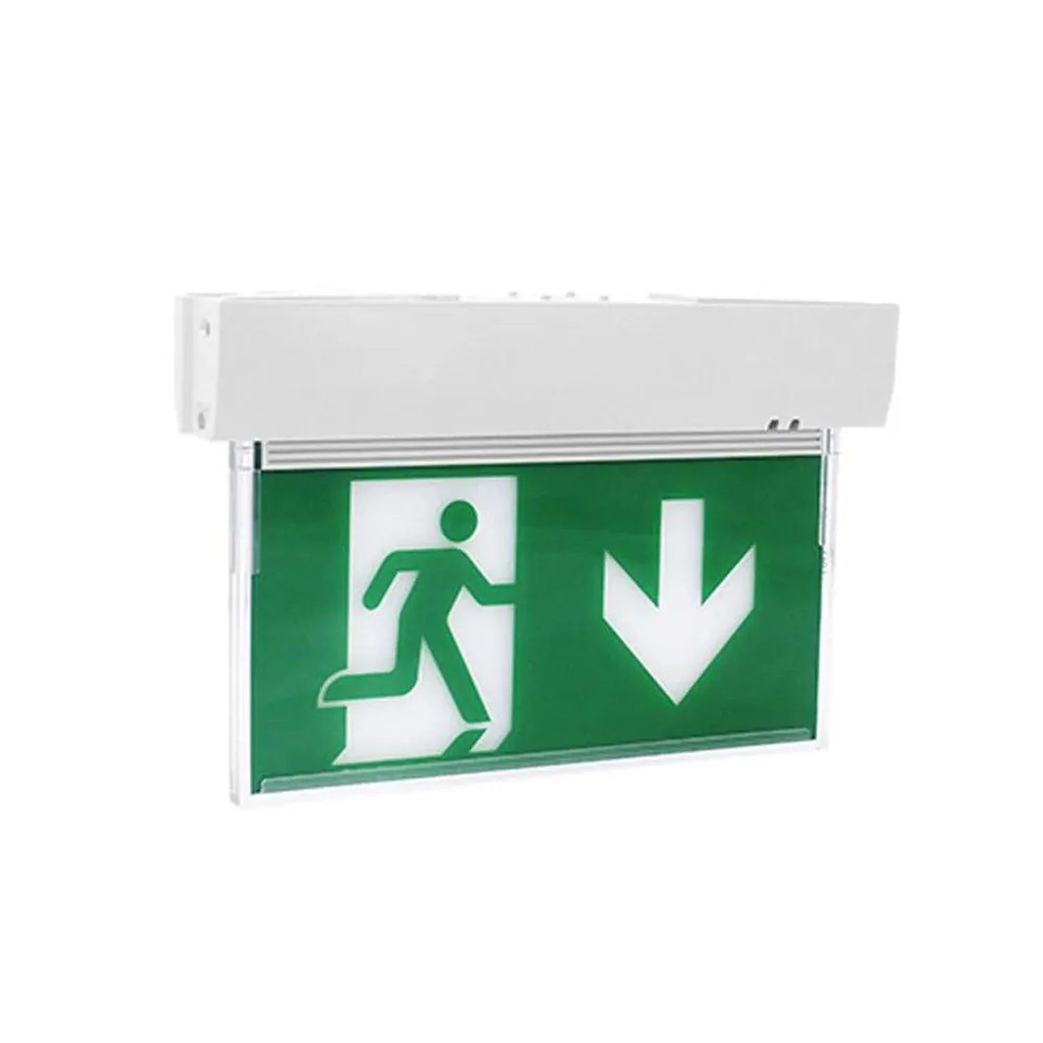 White LED emergency exit sign with green panel showing running figure and downward arrow.