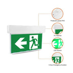 Green and white LED emergency exit sign with left arrow and running figure, featuring IP40 protection, PC material, LED sourc