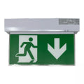 Self-contained emergency lighting unit with green exit sign showing running figure and downward arrow, mounted on white housi