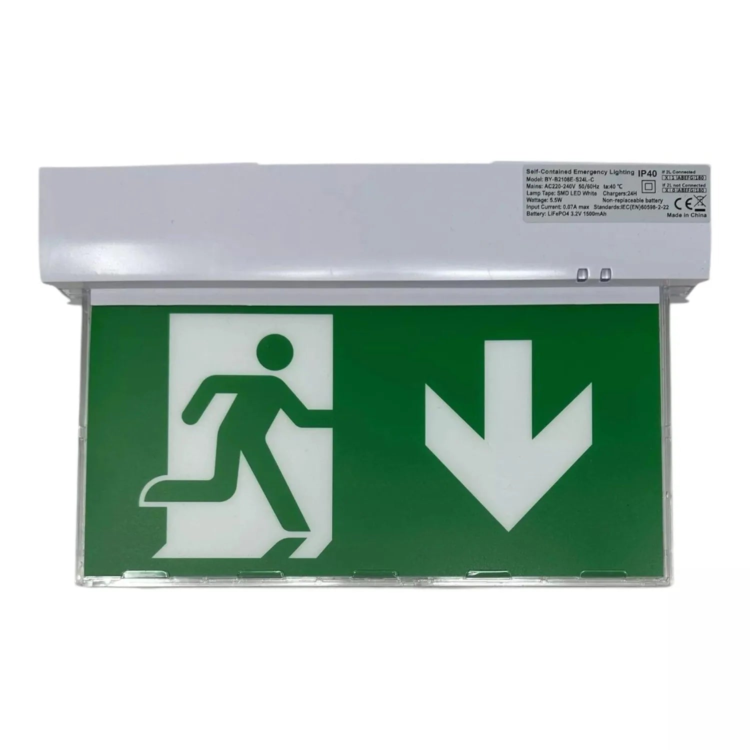 Self-contained emergency lighting unit with green exit sign showing running figure and downward arrow, mounted on white housi