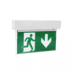 Green and white LED emergency exit sign with running figure and downward arrow, mounted on white ceiling fixture.