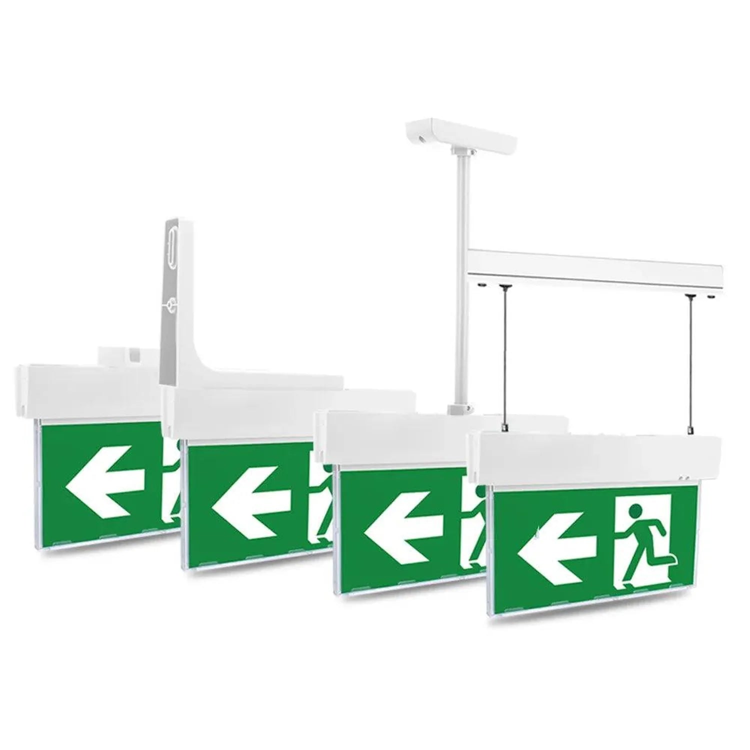 Four LED emergency exit signs with left arrow and running figure symbols in green and white, shown in different mounting conf