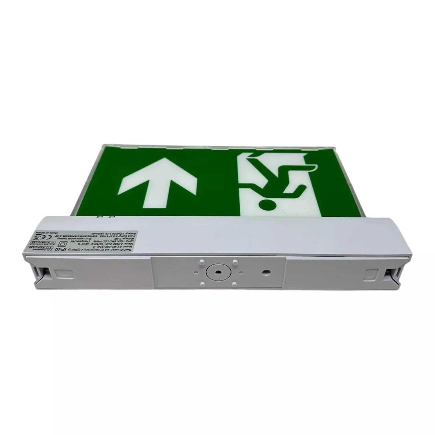 LED emergency exit sign with green background, white upward arrow on left and running figure with downward arrow on right, gr