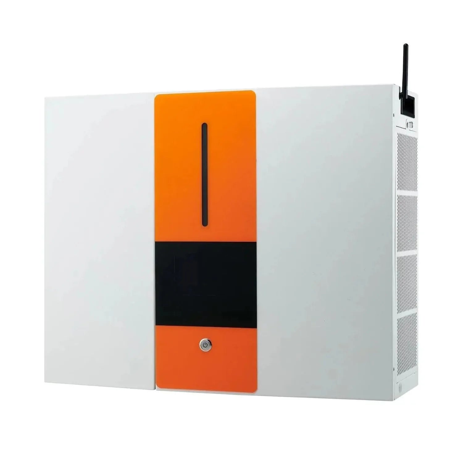 Voltasol ESS hybrid inverter charger with orange and black front panel, wireless antenna, and ventilation grilles on white ba