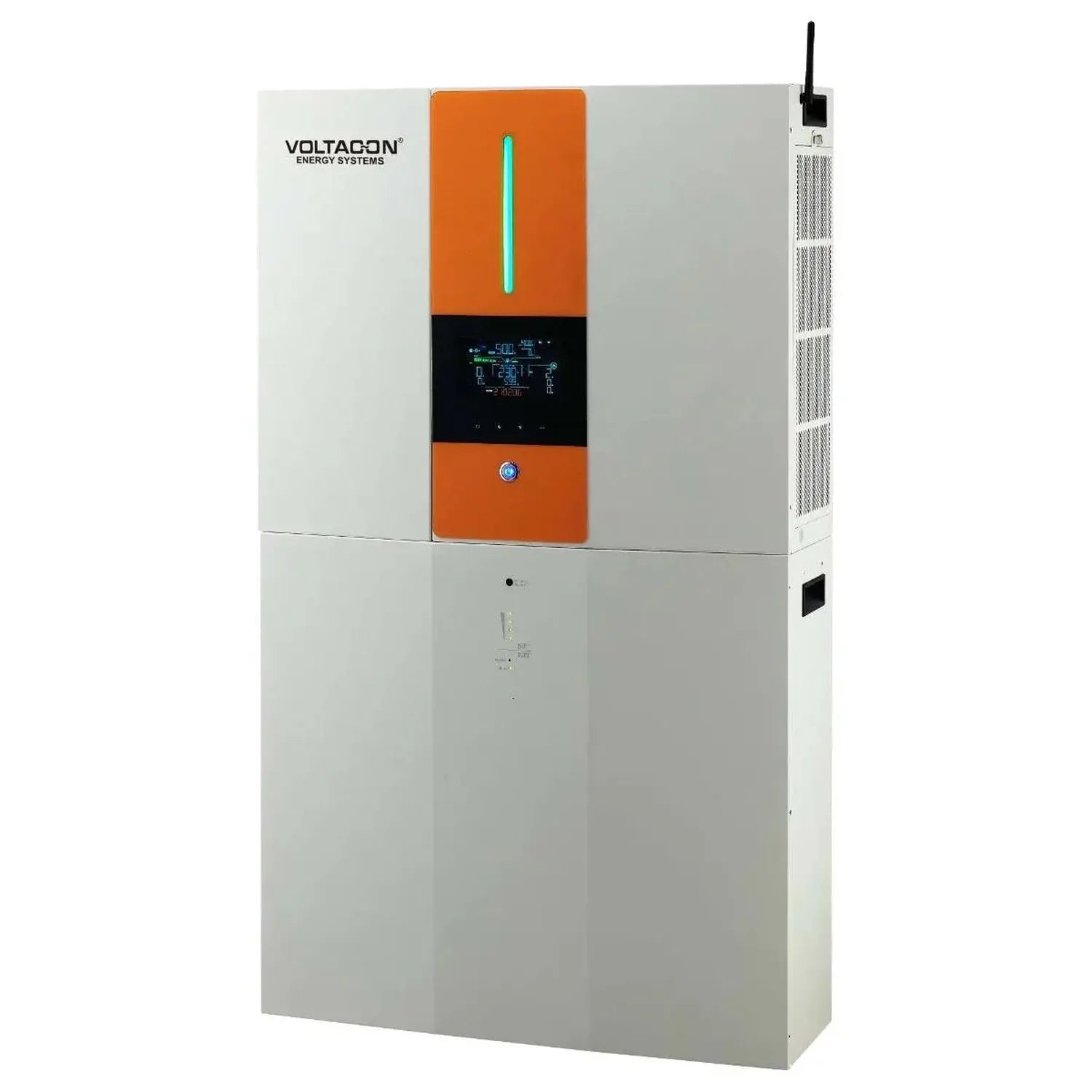 Voltacon Energy Systems hybrid inverter charger with orange and black control panel, white enclosure, and external cooling fi