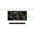 Annotated diagram of hybrid inverter display showing battery status, AC output, load capacity, and touch key controls with la