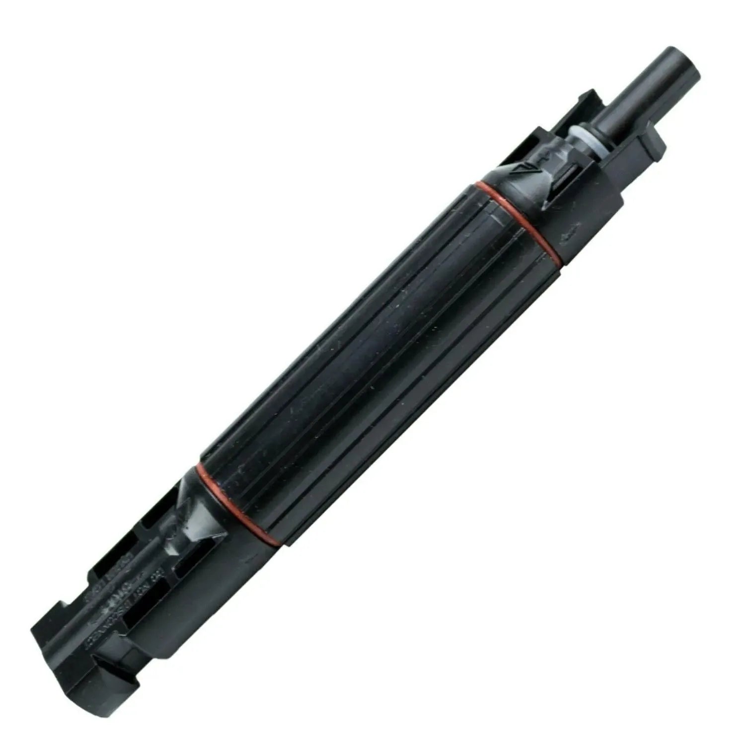 Black MC4 solar panel connector pair with integrated 20A fuses and red strain relief bands, shown at angle against white back