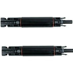 Two MC4 solar panel connectors shown side-by-side, male and female pair with integrated 20A fuses, black cylindrical bodies w