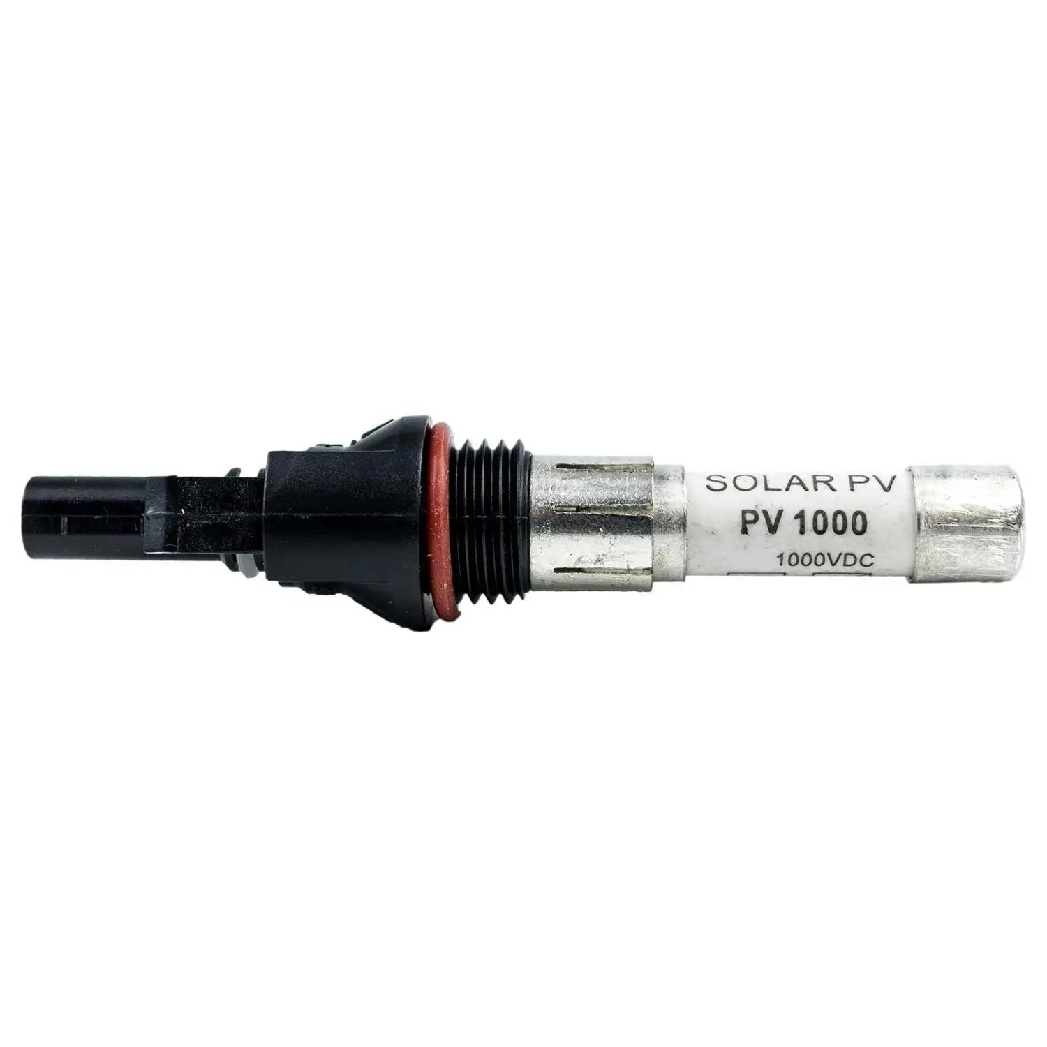 MC4 solar connector with integrated 20A fuse, labeled PV1000 1000VDC, showing male plug end with red collar and silver metall