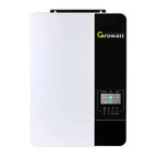 Growatt SPF5000-ES inverter charger with white front panel and black control interface displaying digital readout and navigat