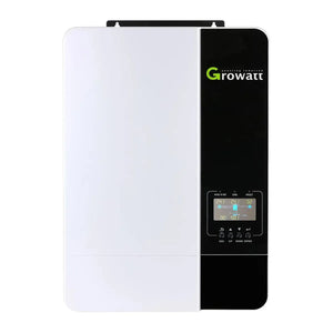 Growatt SPF5000-ES inverter charger with white front panel and black control interface displaying digital readout and navigat